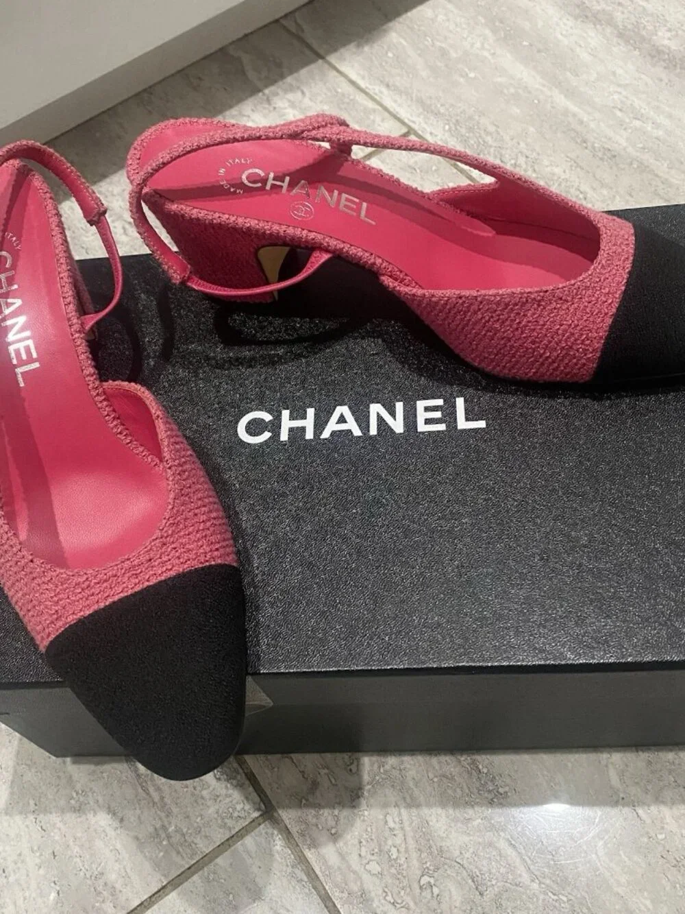 Chanel Slingback Tweed Pink & Black Grosgrain Pump Sandal Heels Women’s 38.5